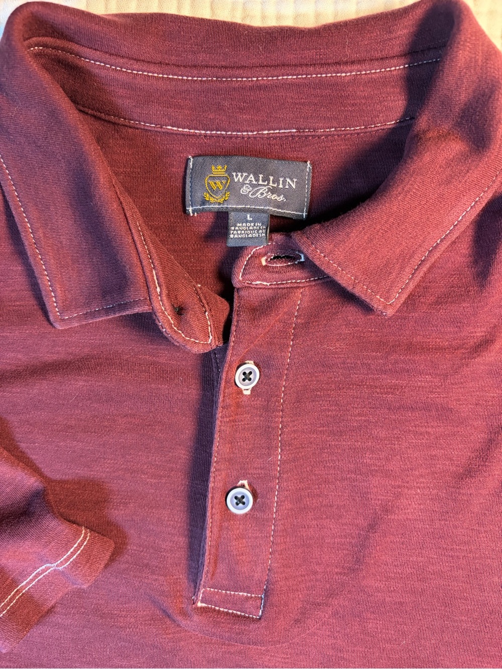 Wallin & Bros. Men's Burgundy Polo Shirt Button White Contrast Stitching Size L